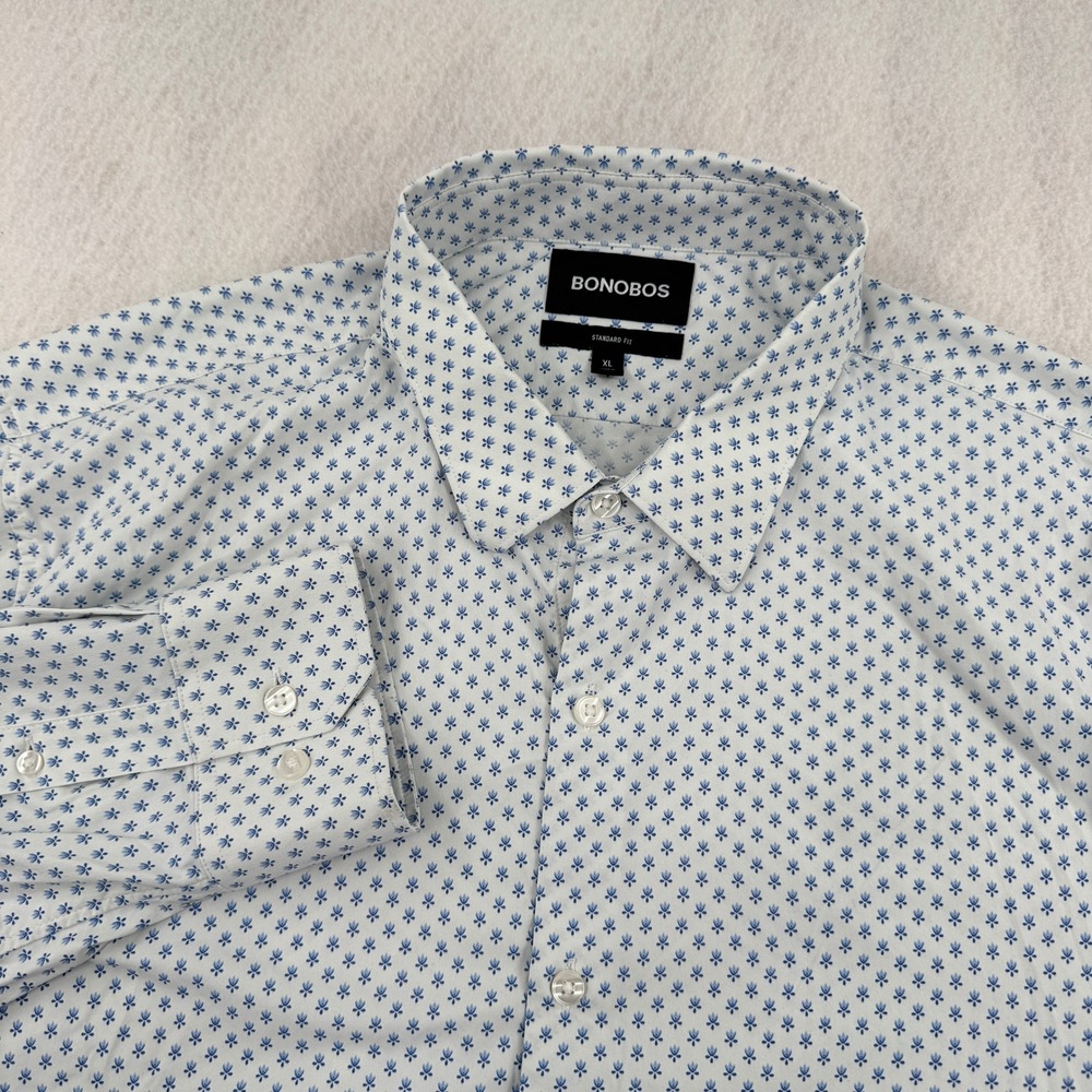 Bonobos Mens XL Standard Fit Button Down Shirt Blue Geometric Floral Print White